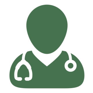 Green medical figure with stethoscope on black.