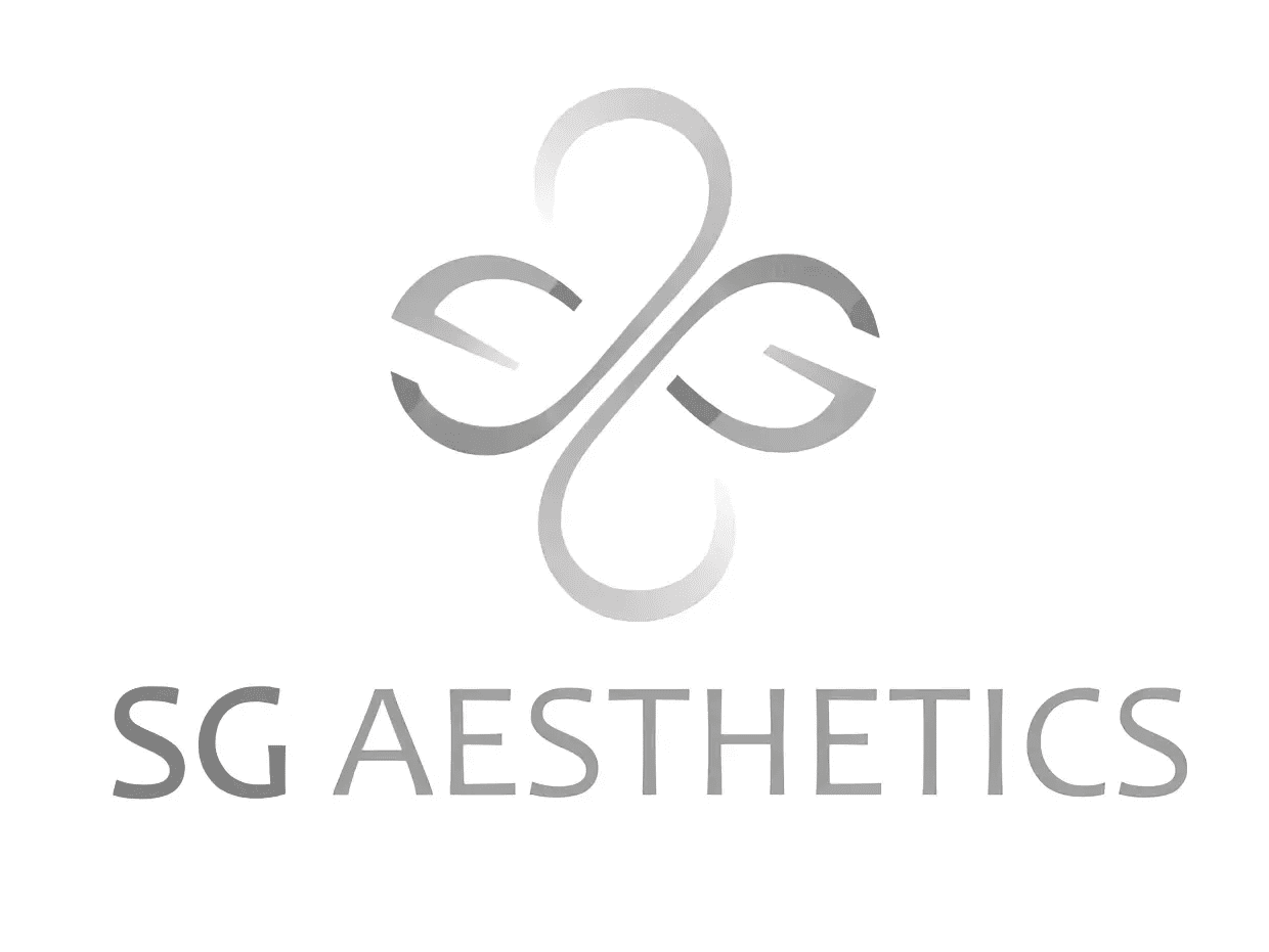 Elegant silver logo for SG Aesthetic featuring a stylized butterfly.