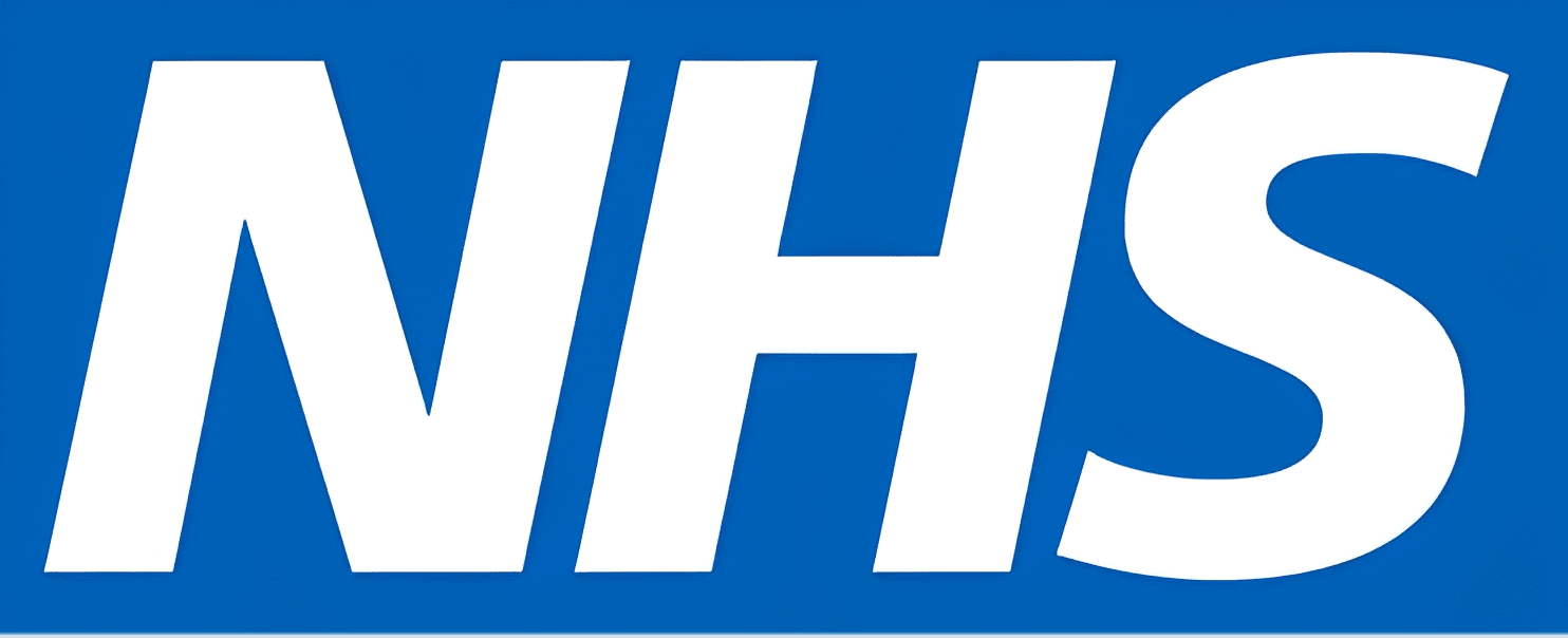 NHS logo with blue background.