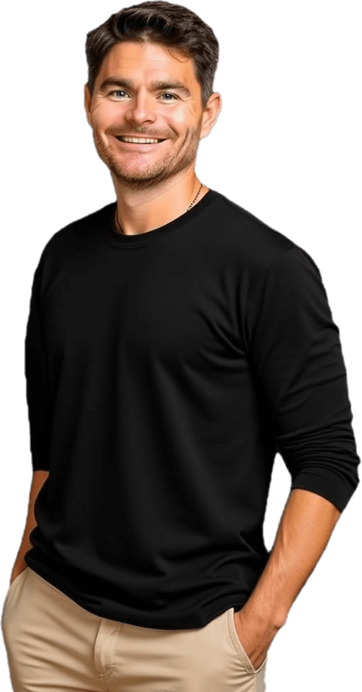 Man wearing a plain black long-sleeve shirt against a white background.